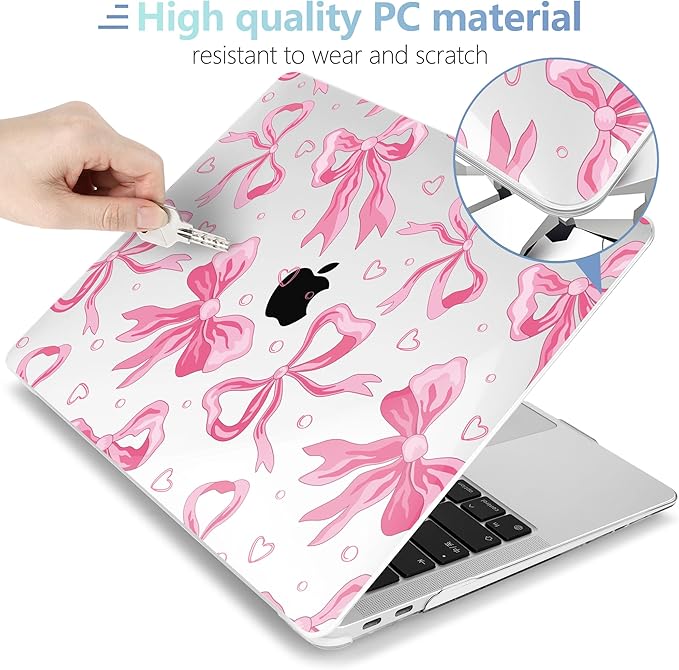 MEEgoodo for MacBook Air 13.3 inch Case 2021 2020 2019 2018 A2337 M1 A2179 A1932, Laptop Shell for MacBook Air M1 with Keyboard Webcam Cover & Trackpad Film & Type C Adapter,Pink Bow & Rainbow Striped