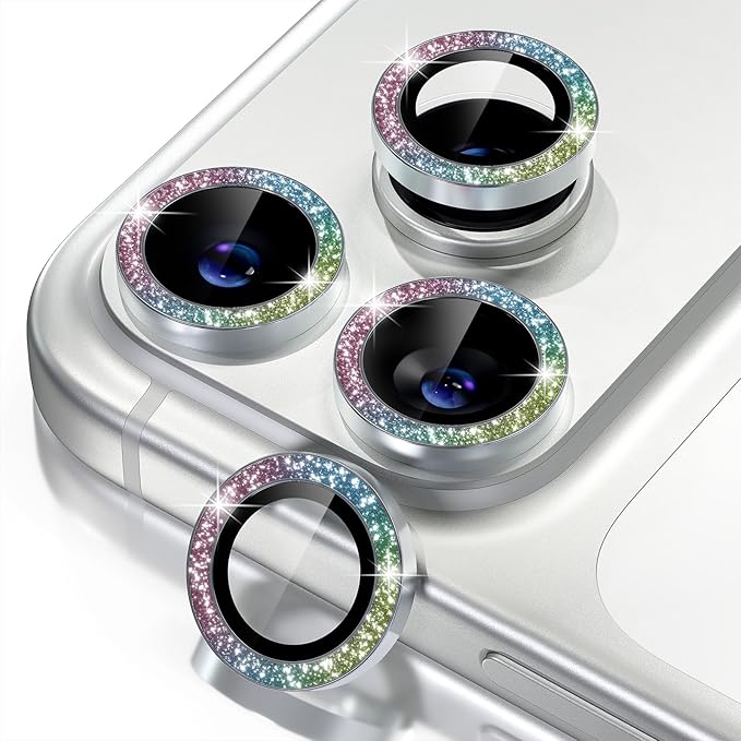 Misea Compatible for iPhone 17 Pro/iPhone 17 Pro Max Camera Lens Protector Bling, 9H Tempered Glass Camera Cover Screen Protector Metal Individual Ring Decoration Accessories, Colorful Glitter