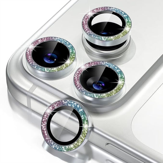 Misea Compatible for iPhone 17 Pro/iPhone 17 Pro Max Camera Lens Protector Bling, 9H Tempered Glass Camera Cover Screen Protector Metal Individual Ring Decoration Accessories, Colorful Glitter
