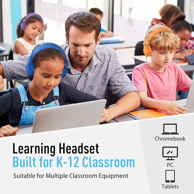 AILIHEN HD850 Classroom Headphones for Kids K-12 Students, School Wired Headphones with Microphone & 85dB Volume Limited & Sharing Function for Chromebook (Blue)