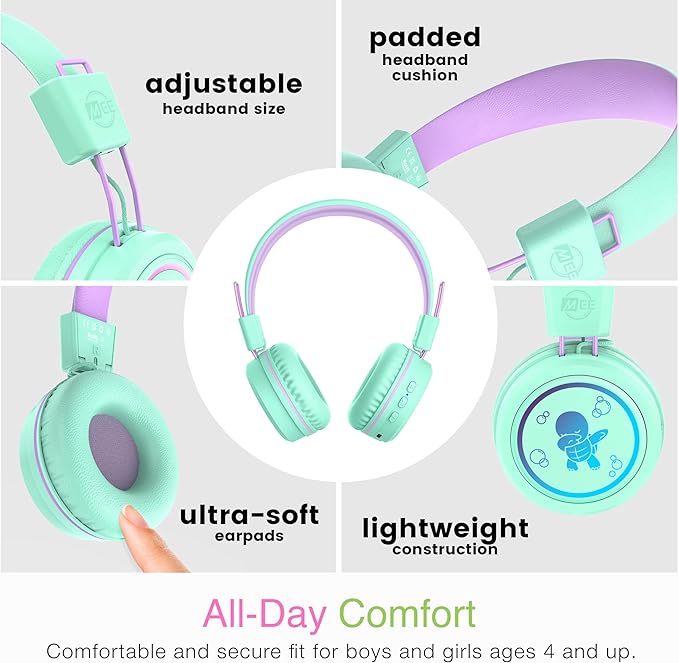 MEE audio KidJamz KJ55BT Personalized Bluetooth Wireless Safe Listening Headphones for Kids w/Custom LED-Backlit Design, Volume Limiter, Microphone; Kids Headset for School/iPhone/iPad/Tablet (Mint)