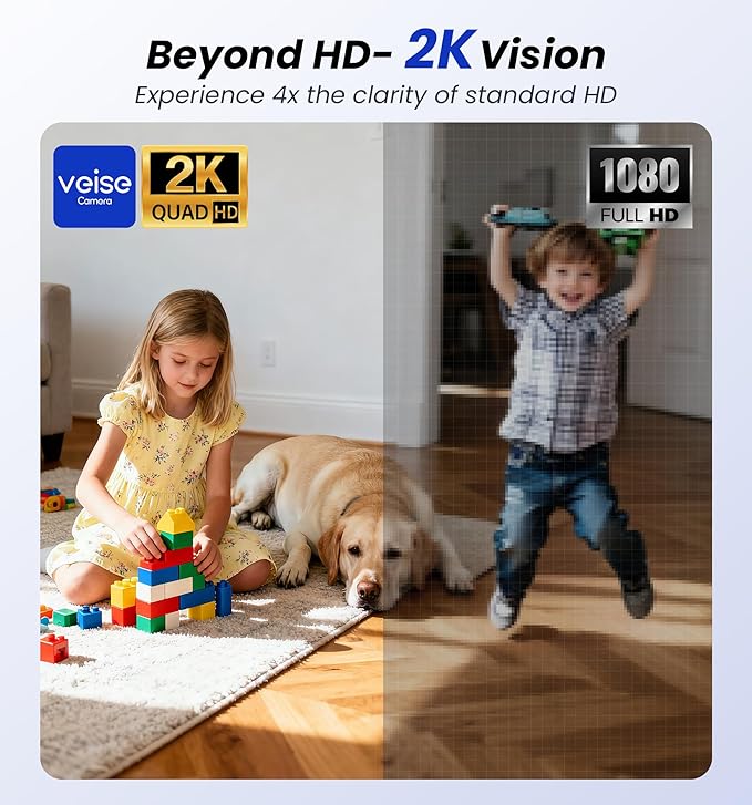 Veise 2K Indoor Security Camera 2.4GHz, 360° Pan/Tilt Pet Camera with Motion Tracking, Baby Monitor, 2-Way Audio, Night Vision, Cloud/SD Storage, Compatible with Voice Assistant, White
