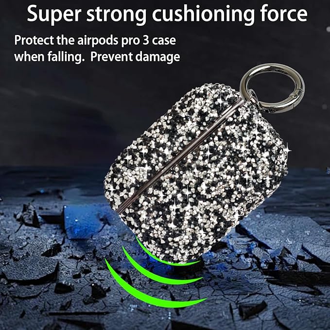 for Glitter AirPods Pro 3 Case 2025| Cute Bling Hard Air Pods Pro 3 Case (Model A2700/A2931) | with Keychain | Sparkly Rhinestone iPods Pro 3 Cases for Women Girl(Blackwhite)