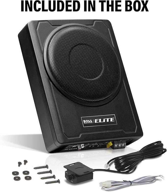 BOSS Audio Systems SLIM8 Elite Series 8 Inch Powered Car Subwoofer - Low Profile, Remote Subwoofer Control, Built in Amplifier, Under Seat, for Truck, Hook Up to Amplifier