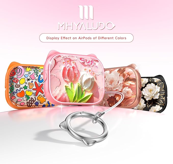 for AirPods Pro 2 Case with Cleaning Kit, Cute Cat Ear Print Design & Cute Buckle for Girls, Phone Holder & Top Safe Lock Buckle Design for AirPods Pro 2nd/1st Gen case, Tulip