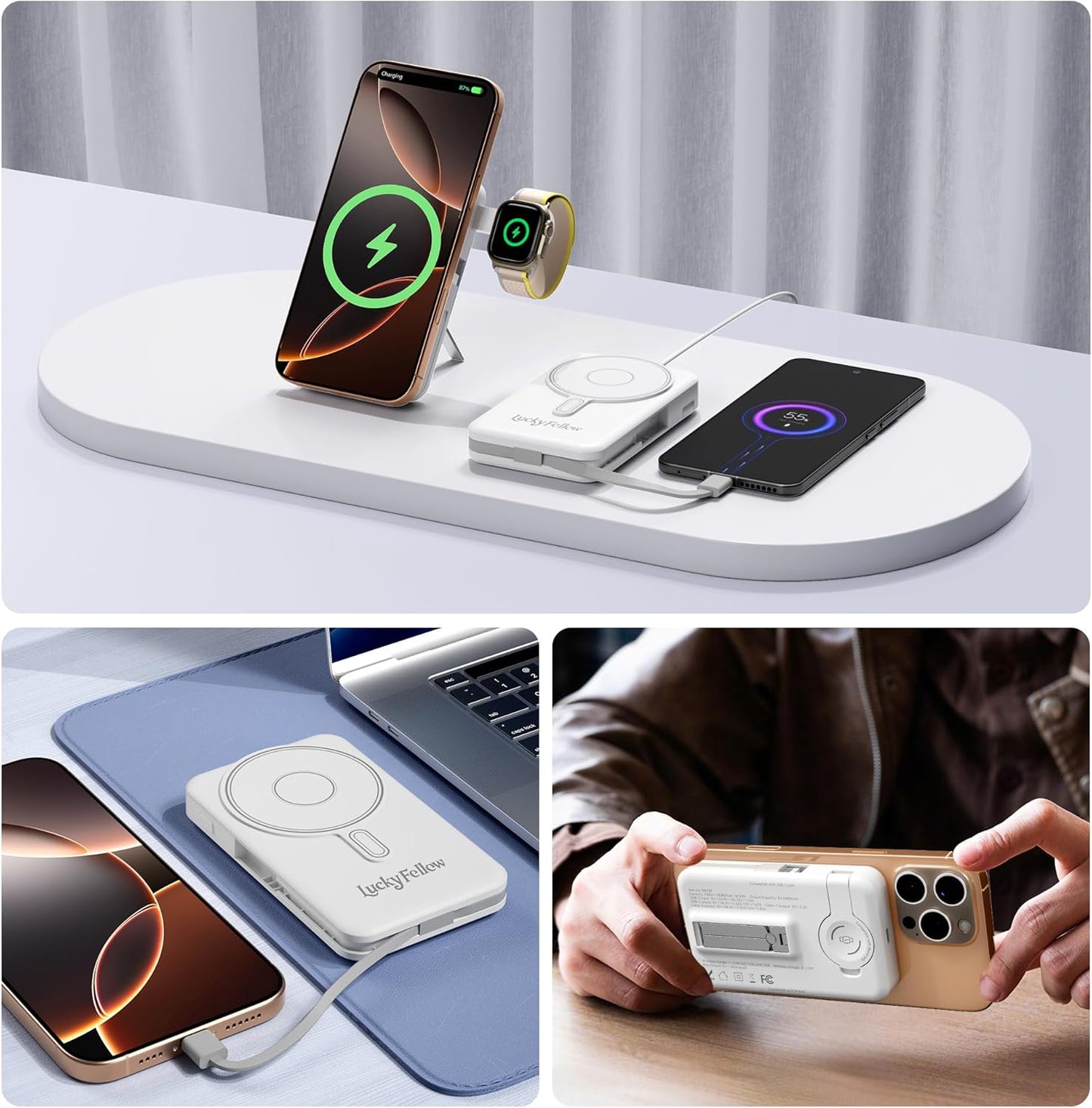 Magnetic Portable Charger 10000mAh Wireless Power Bank with Built-in Cables and Stand Compatible with iPhone