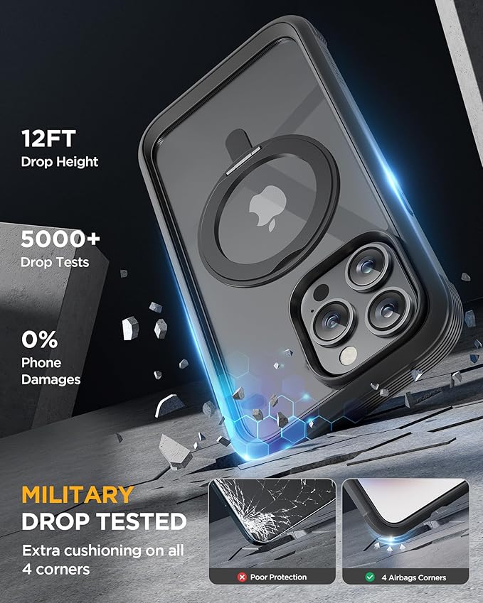 Miracase for iPhone 15 Pro Max Case with 360° Magnetic Ring Stand [Compatible with Magsafe] Full-Body Drop Proof Bumper Phone Case with Built-in 9H Tempered Glass Screen Protector,Black