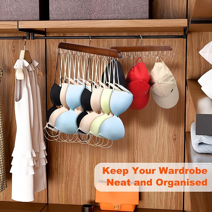 2 Pack Bra and Tank Top Closet Organizer Hanger, Foldable Wooden Space-Saving Hanger with 14 Hooks, Bra Hangers for Closet Organizer，Premium Closet Organizers and Storage for Dorm & Apartment (Brown)