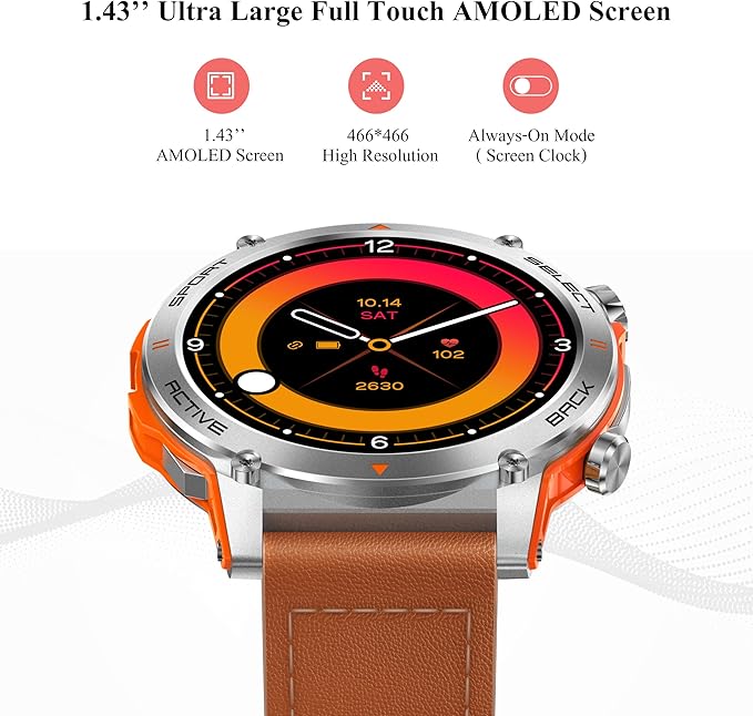 Popglory Smart Watch, 1.43''AMOLED 45mm Military Smartwatch Men Women Answer/Make Call, Digital Fitness Watch, 110+ Sports, Blood Pressure, Heart Rate, Stress Monitor Sports Watch for Android or iOS