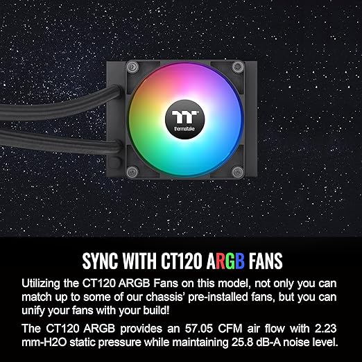 Thermaltake TH120 ARGB Sync V2 CPU Liquid Cooler/AlO Liquid Cooling/Fan 120mm*1/PWM 500~2000 RPM/Mirror Waterblock/MB ARGB Sync Control, CL-W360-PL12SW-A , Black