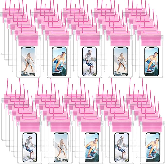 Flutesan 50 Pack Clear Waterproof Phone Pouch Universal Waterproof Phone Case Waterproof Pouch Dry Bag with Lanyard for Water Games Protect(Transparent and Pink)