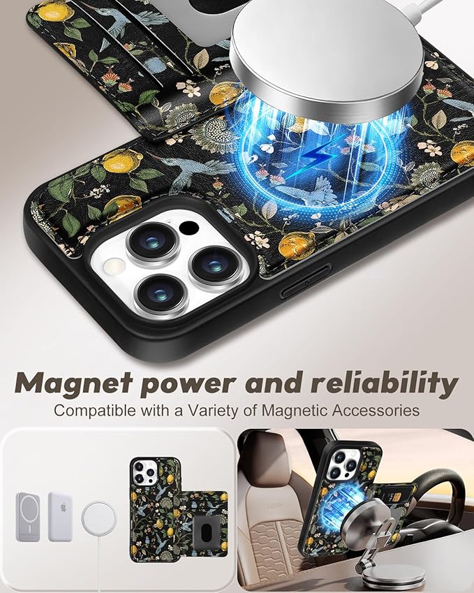 for iPhone 14 Pro Max Case with Wallet - Fits 4 Card Slots, Compatible with MagSafe for Women Aesthetic PU Leather Credit Card Holder Kickstand Phone Cover for Apple 14 Promax, Lemon Bird