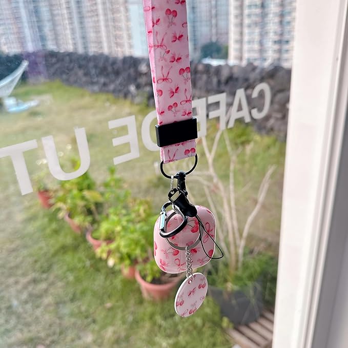 Cute Pink Ribbon Bow Cherry Design Air Pod 4th Generation （2024） with Bow Cherry Lanyard Keychain，Unique IMD Process TPU Soft Air Pod 4th Case