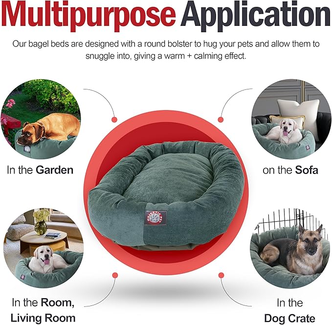 Majestic Pet 40 Inch Micro Velvet Calming Dog Bed Washable – Cozy Soft Round Dog Bed with Spine for Head Support - Fluffy Donut Puppy Mat 40x29x9 (inch) Large – Azure (2025)