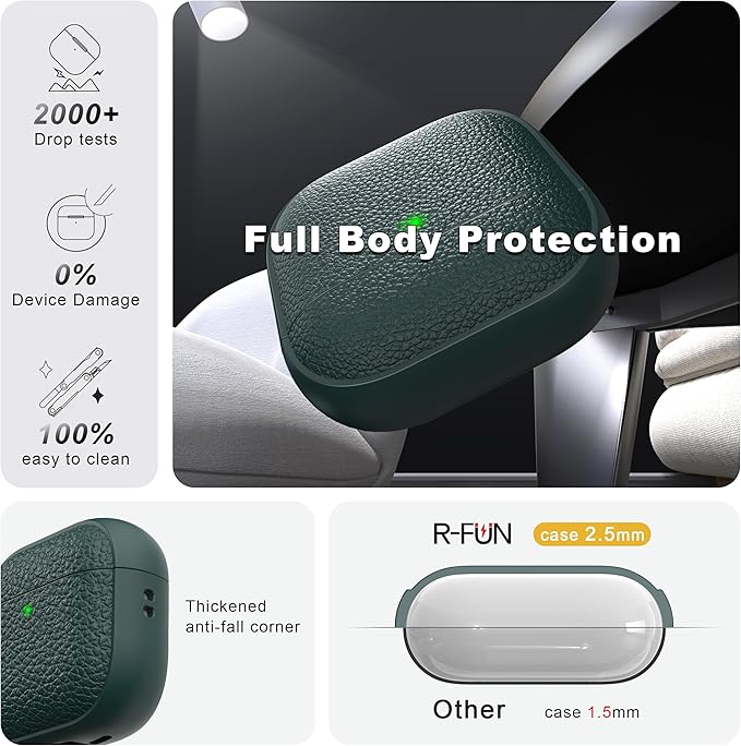 R-fun for Airpods 4 Case, Soft TPU (Leather-Like Design) Drop Protection Cover for Men and Women with Lanyard and Cleaner Kit, Compatible with Apple Latest Airpods 4th Gen(USB-C)(2024)-Green