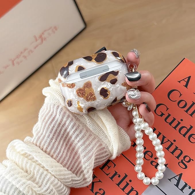 Cute Case for Airpods Pro 3 (2025), Bling Leopard Pattern Soft TPU Protective Cover with Luxury Pearl Shell Keychain for Apple Airpods Pro 3 Charging Case, Leopard Color