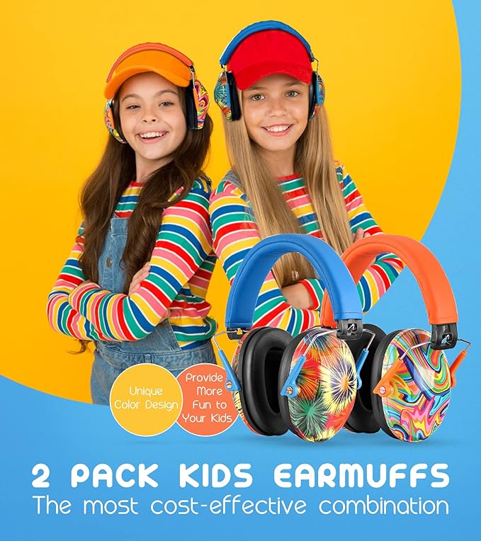 PROHEAR 032 2 Pack Kids Ear Protection, NRR 25dB, Adjustable Headband Safety Earmuffs for Sports Events, Concerts, Airports - Orange & Blue