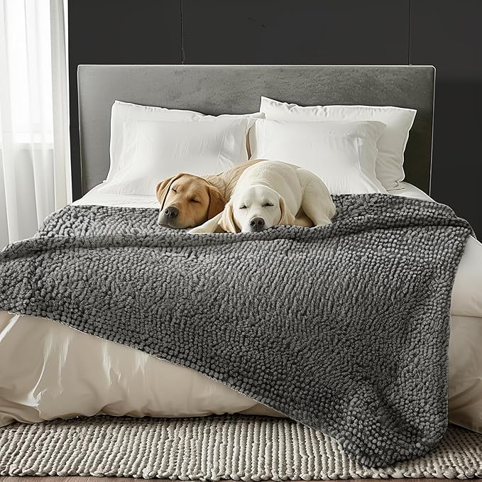 Muddy Mat® Dog Blanket - Chenille Water Absorption Blanket for Bed & Couch Cover for Dogs Washable, Anti-Slip Soft and Durable Furniture Protector for Dogs - Grey 48"x56"