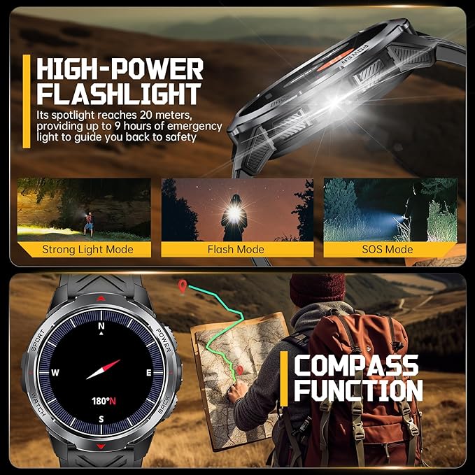 Military Smart Watch for Men with 1100 mAh Battery/LED Flashlight, 1.7" Rugged Tactical Smartwatch with Text and Call/Compass, 5ATM Waterproof Fitness Tracker with HR/Sleep Monitor for iPhone Android