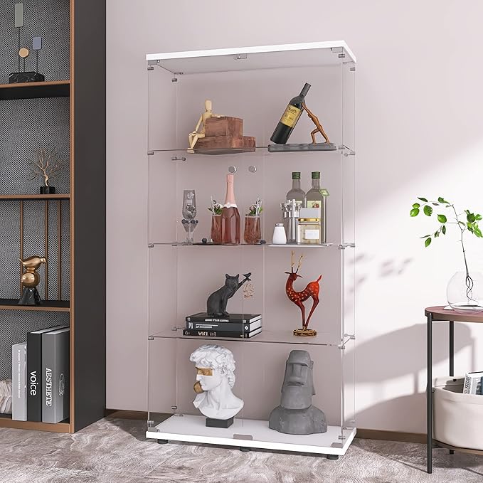 LFT HUIMEI2Y Glass Display Cabinet 4-Shelf with Double Door, Curio Cabinets Fast Installation in 30 Mins, Tempered Glass Floor Standing Bookshelf for Bedroom, Living Room 64.7”x 32”x 14.4” White