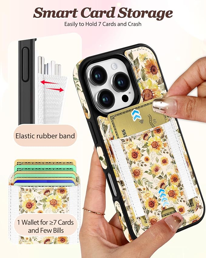 Shorogyt for iPhone 16 Pro Max Case Wallet - Fits 5 Cards, Compatible with Magsafe Detachable Magnetic Credit Card Holder Leather Cardholder Cute Phone Cover Women Girls for Apple 16 ProMax, Sunflower