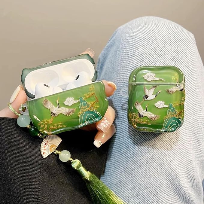 Compatible with AirPods Pro 3 Case Soft with Cleaner Kit Keychain Cute Lucky Elegant Crane Cover for Girls Women Airpods Pro 3rd Generation(2025) -Green