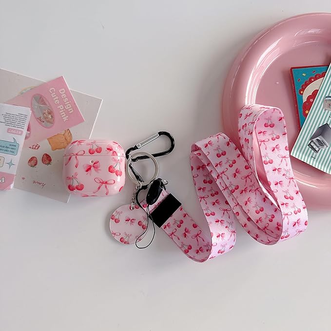 Cute Pink Ribbon Bow Cherry Design Air Pod 4th Generation （2024） with Bow Cherry Lanyard Keychain，Unique IMD Process TPU Soft Air Pod 4th Case