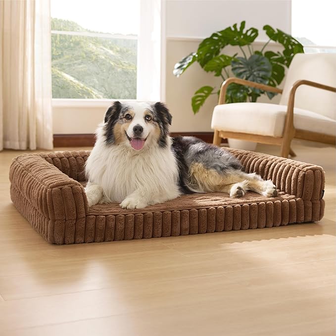 Bedsure Orthopedic Dog Beds for Extra Large Dogs, Waterproof Memory Foam XL Pet Bed with Sides, Non-Slip and Egg-Crate Foam Big Dog Couch Sofa with Washable Removable Corduroy Cover, Brown