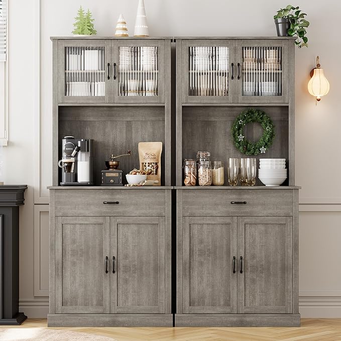 IDEALHOUSE Kitchen Pantry Cabinet with Microwave Stand, 71”Freestanding Tall Kitchen Cabinet with Doors and Shelves for Dining Room, Rustic Gray