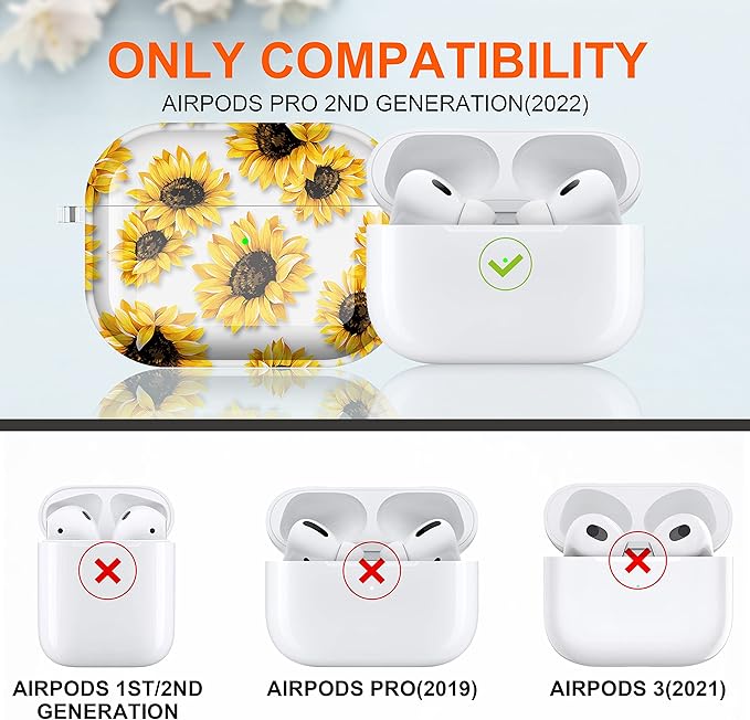 Maxjoy for AirPods Pro 2nd Generation Case, Clear AirPods Pro 2 Case for Women Men Cute Protective AirPod Pro 2 Cover with Keychain Strap for AirPod Pro 2nd Gen Cover 2023/2022, Sunflower