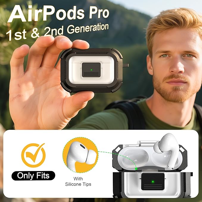 RFUNGUANGO for AirPods Pro 2 Case, Compatible with AirPods Pro 2nd/1st Generation Case, Compatible with MagSafe, Magnetic Automatic Lock with Cleaner Kit and Keychain, Front LED Visible, Black