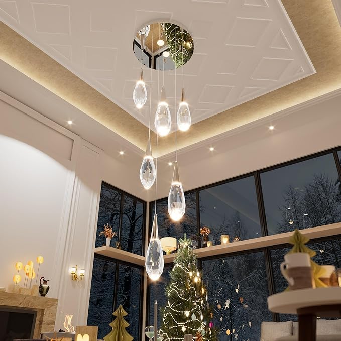 Modern Crystal Chandelier 6-Lights Pendant Chandeliers for Staircase Chrome Kitchen Pendant Light Fixture Hanging Lighting for Dining Room Living Room Bedroom Entryway