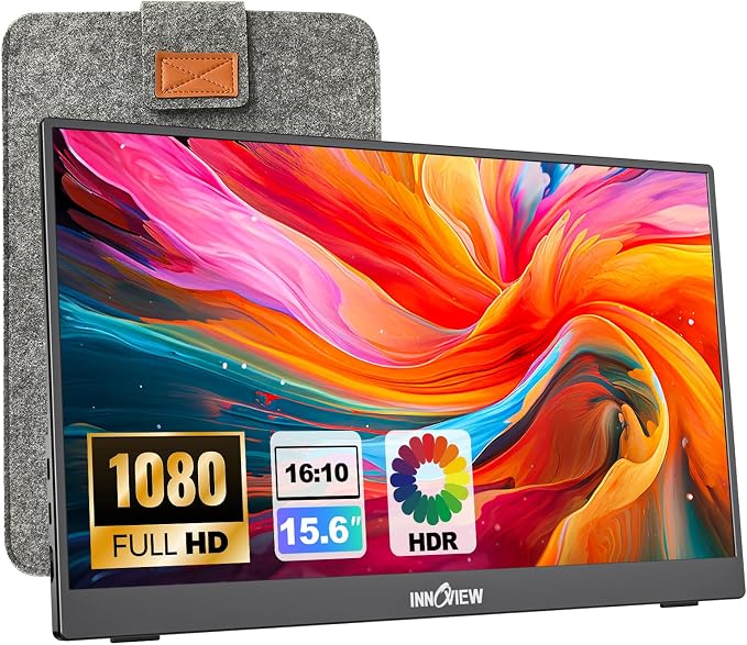 InnoView 15.6'' Portable Monitor for Laptop FHD 1080P USB-C Travel Monitors Built-in 90° Adjustable Stand Without Bag, HDR IPS Portable Laptop Monitor for MacBook PC Phone Xbox PS4/5 Switch