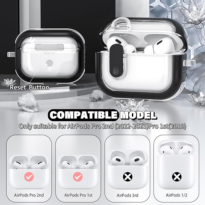 for Airpods Pro 2nd Generation Case with Secure Lock, Compatible with Airpods Pro 2nd/1st Gen, Clear TPU Transparent Military Grade Shockproof Case. Black