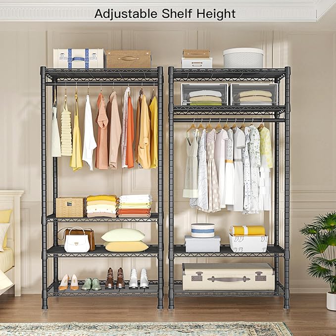 Ulif H2 Heavy Duty Clothes Rack, Freestanding 4 Tiers Garment Rack for Hanging Clothes with Shelves and Hangers, Closet Organizers and Storage Metal Closet Wardrobe System, Max Load 500 LBS, Black