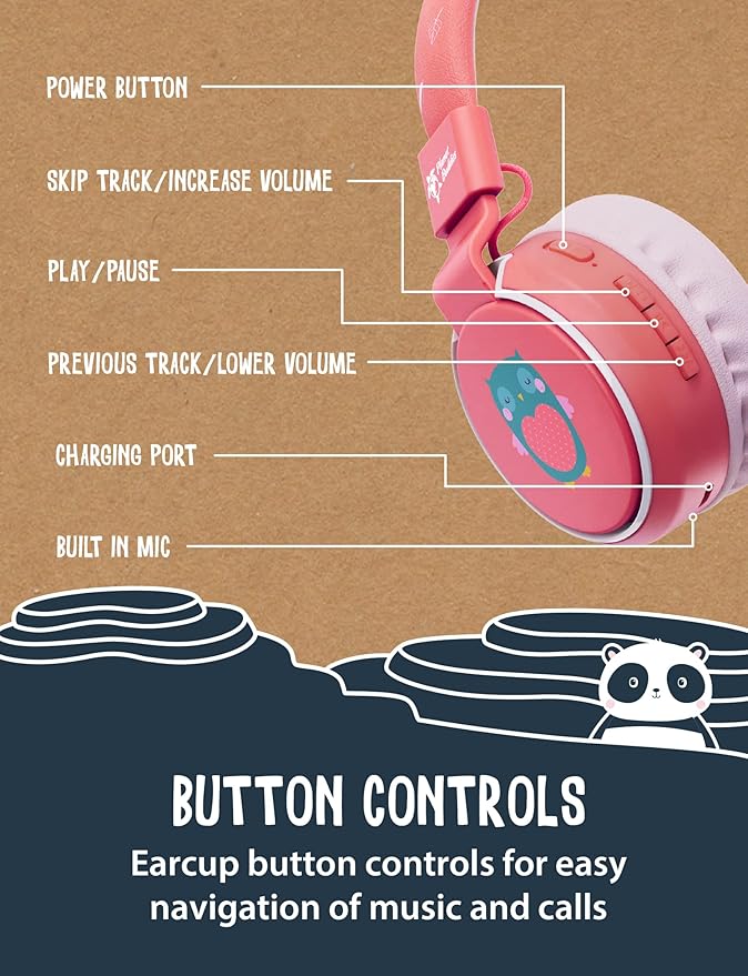 Planet Buddies Panda Kids Headphones Wireless, On Ear Bluetooth Headphones for Kids with Microphone, 85dB Volume Limiter, Cute Foldable Earphones for Tablets and Phones, Travel, School & Music
