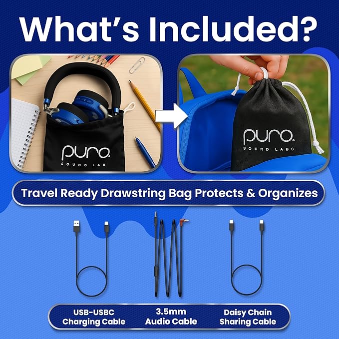 Puro Sound Labs JuniorJam Plus Volume-Limiting Wireless Bluetooth Headphones for Kids, Secure Audio with Adjustable On-Ear Design, 22-Hour Battery Life, Ideal for Tablets, Smartphones & PCs - Blue