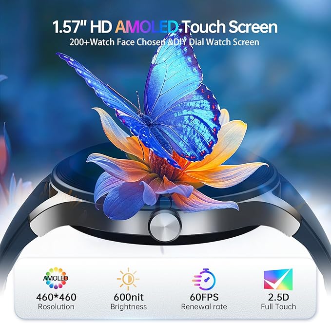 Smart Watch for Men,1.57inch AMOLED Touchscreen Fitness Watch for iPhone & Android,Heart Rate/Sp02/Sleep Monitor,110+ Sport Modes IP68 Waterproof Bluetooth Calls,2 Bands (Blue, 1.57)