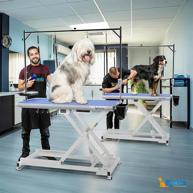 KANIS Professional Electric Dog Grooming Table - Heavy Duty, Height Adjustable Pet Grooming Table w/Leveling Wheels, Grooming Arm, Anti Slip Tabletop & Tool Organizer/Dog Grooming Station (60", WHITE)