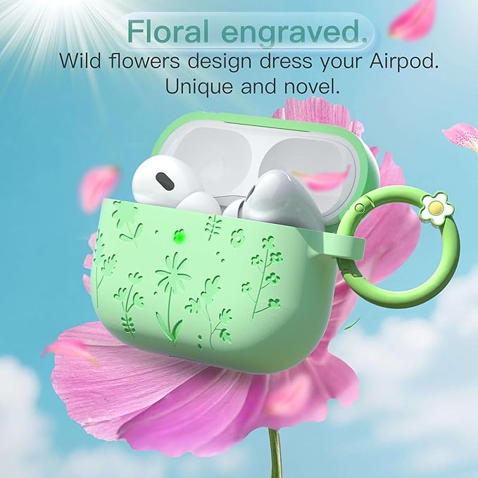 for AirPods Pro 3 Case (2025) DamonLight Floral Engraved Shockproof Protective Soft Silicone Case Cover with Cleaning Pen and Floral Keychain for Apple Airpods Pro 3rd Generation (Avocado Green)