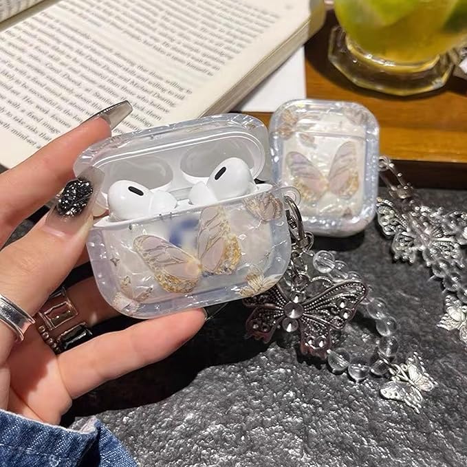 for AirPod Pro 3 Case 2025 Cute Elegant Shell Pearl Shockproof Protective Cover with Strap Keychain Compatible for AirPods Pro 3rd Generation for Women Girls (Gold Butterfly)