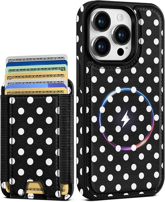 Shorogyt for iPhone 14 Pro Case Wallet - Fits 5 Cards, Compatible with Magsafe Detachable Magnetic Credit Card Holder Leather Cardholder Cute Phone Cover Women Girls for Apple 14Pro, Polka Dots