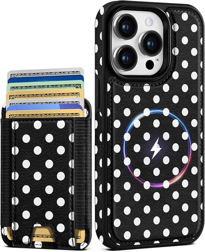 Shorogyt for iPhone 15 Pro Wallet Case - Fits 5 Cards, Compatible with Magsafe Detachable Magnetic Credit Card Holder Leather Cardholder Cute Phone Cover Women Girls for Apple 15Pro, Polka Dots