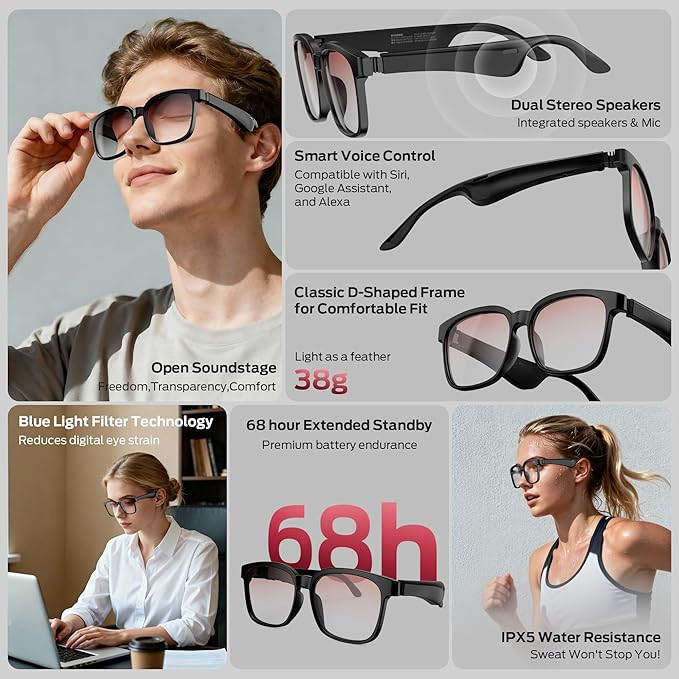 Oraolo Smart Glasses, Polarized Sunglasses with Bluetooth Speaker, Wireless Music & Calls, Athletic/Outdoor UV Protection and Voice Control, Unisex(Brown)