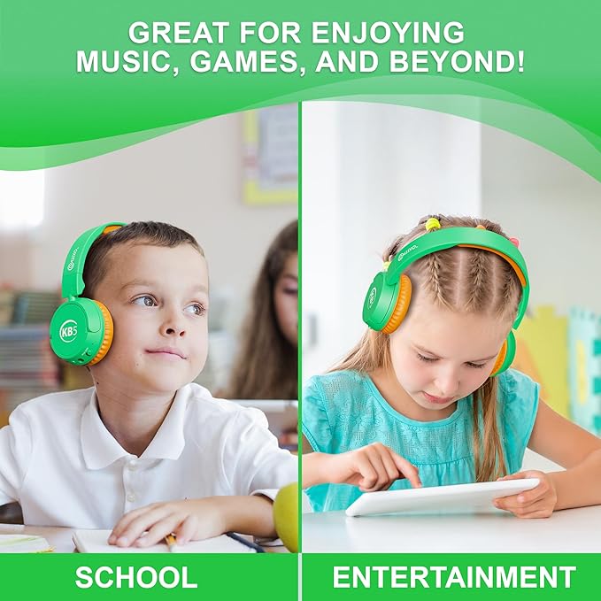 Contixo KB-5 Kids Headphones - Over The Ear Foldable Bluetooth Wireless Headphone for Kids - 85dB with Volume Limited - Toddler Headphones for Boys and Girls (Green+Orange)