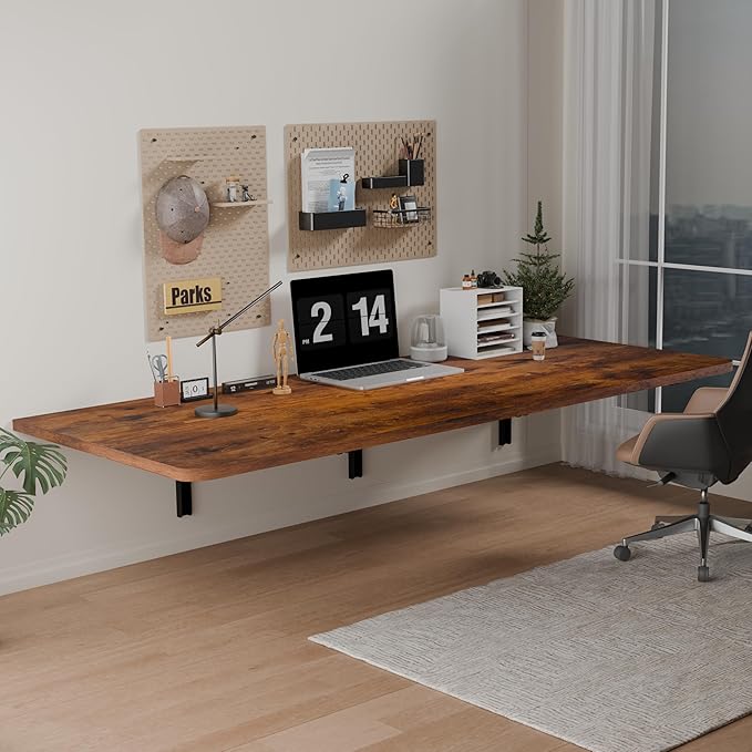 IAE 55" x 22" Floating Foldable Desk,Wall-Mounted Folding Computer Table with Engineered Wood,Study Table with Shelf Brackets,Fold Down Shelf,Fold Computer Desk for Small Spaces,Holds 500 lb,Rustic