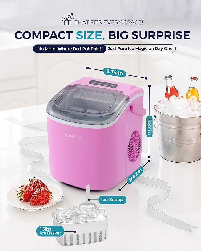 EUHOMY Countertop Ice Maker Machine with Handle, 26lbs in 24Hrs, 9 Ice Cubes Ready in 6 Mins, Auto-Cleaning Portable Ice Maker with Basket and Scoop, for Home/Kitchen/Camping/RV. (Pink)