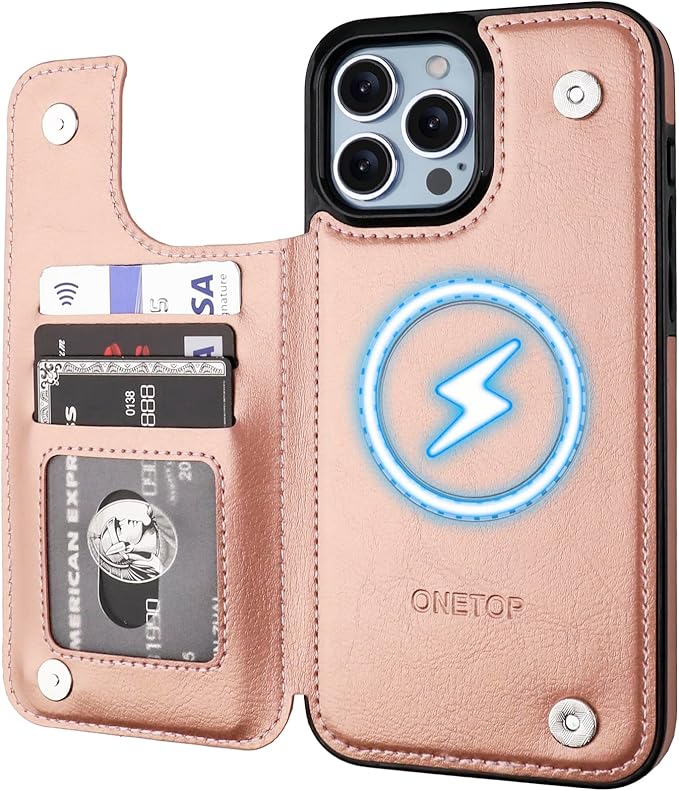 ONETOP Compatible with Magsafe for iPhone 13 Pro Max Wallet Case with Card Holder, PU Leather Kickstand RFID Blocking Case, Double Magnetic Clasp and Durable Shockproof Cover 6.7 Inch (Rose Gold)