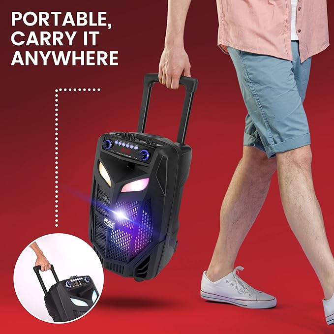 Portable Bluetooth PA Speaker System - 600W 10” Outdoor BT Speaker - Includes 2 Wireless Microphones, Party Lights, USB SD Card Reader, FM Radio, Rolling Wheels - Remote Control - Pyle PPHP101WMB