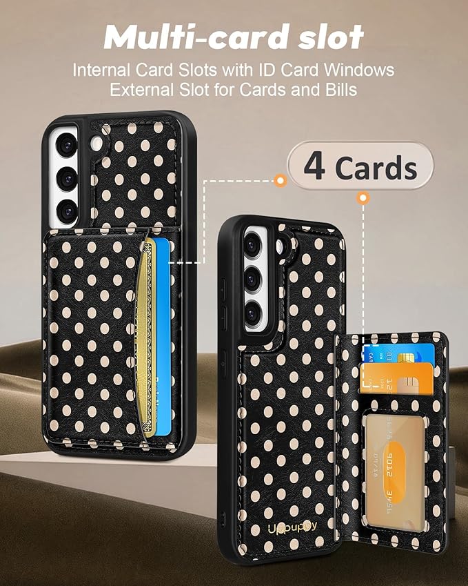 for iPhone 12/12 Pro Case with Wallet - Fits 4 Card Slots, Compatible with MagSafe for Women Aesthetic PU Leather Credit Card Holder Kickstand Phone Cover for Apple 12/12 Pro, Black Polka